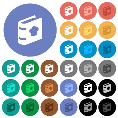 Aşçı şapkalı yemek kitabı. Arka planda çok renkli düz ikonlar. Uçma ve aktif durum efektleri için beyaz, açık ve koyu simge varyasyonları ve bonus gölgeler.