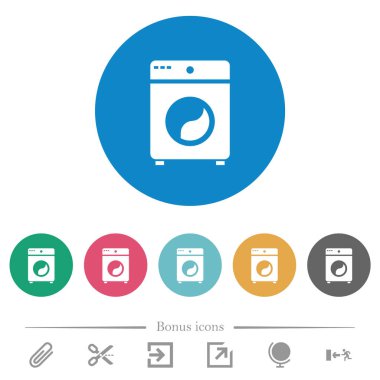 Çamaşır makinesi düz beyaz simgeler yuvarlak renkli arka planda. 6 bonus simgesi dahil.