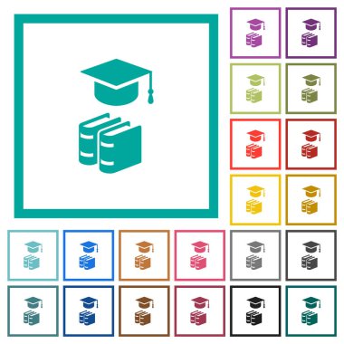 Kitaplı mezuniyet başlığı beyaz arkaplanda çeyrek çerçeve içeren düz renk simgeleri