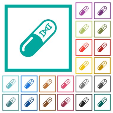 Beyaz arkaplanda çeyrek çerçeveli düz renk simgelerine sahip DNA moleküllü ilaç