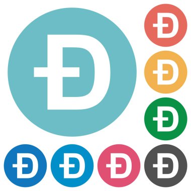 Dogecoin dijital kripto para birimi düz beyaz simgeler yuvarlak renk arkaplan