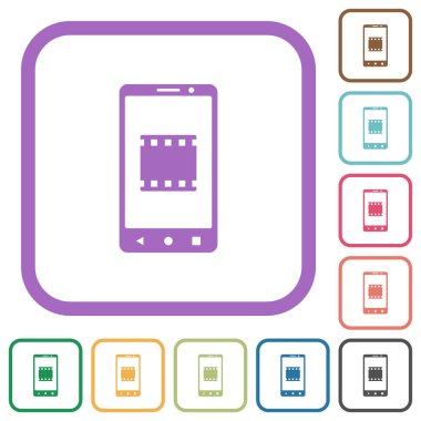 Beyaz arkaplanda renkli yuvarlak kare çerçeveli mobil video simgeleri