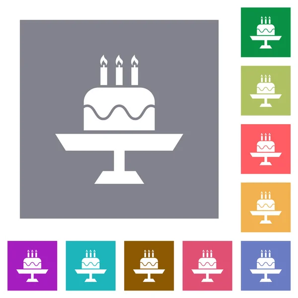 Geburtstagstorte Mit Kerzen Flache Symbole Auf Einfachen Quadratischen Hintergründen — Stockvektor
