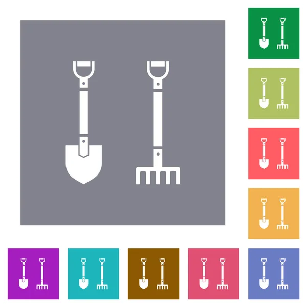 シンプルな色の正方形の背景にショベルとレーキフラットアイコン — ストックベクタ