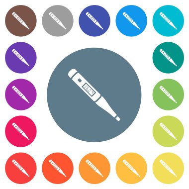 Yuvarlak renkli arka planlarda dijital termometre düz beyaz simgeler. 17 arkaplan renk varyasyonu dahil.