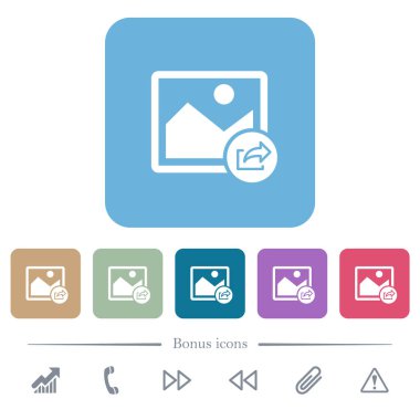 Renkli yuvarlak kare arkaplan üzerine beyaz resim simgeleri aktar. 6 bonus simgesi dahil