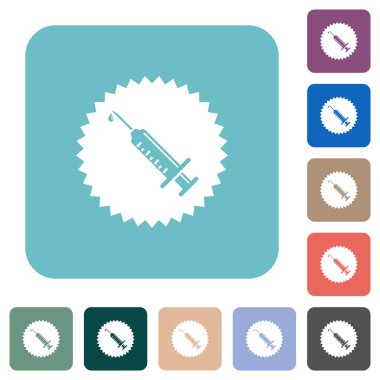 Renkli yuvarlak kare arkaplan üzerine sertifikalı aşı beyaz düz simgeler