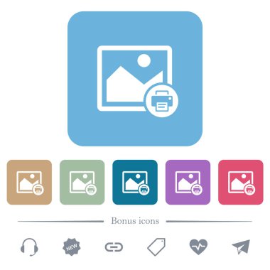 Renkli yuvarlak kare arkaplan üzerine beyaz resim düz simgeleri yazdırın. 6 bonus simgesi dahil