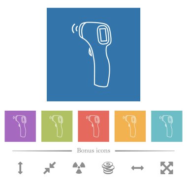 Kare arkaplanlarda temassız termometre düz beyaz simgeler. 6 bonus simgesi dahil.