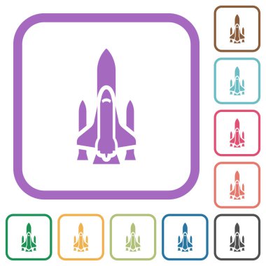 Beyaz arkaplanda renkli yuvarlak kare çerçeveli basit simgelerle fırlatıcıları olan uzay mekiği