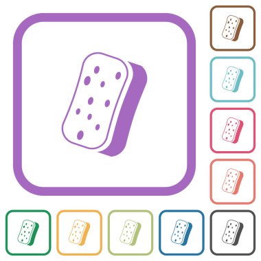 Bulaşık yıkama, beyaz arkaplanda renkli yuvarlak kare çerçeveler halinde basit simgeleri süngerler