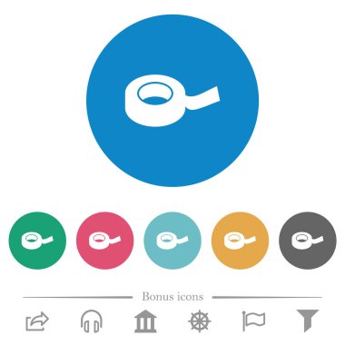 Yuvarlak renkli arka planlarda düz beyaz simgeler izole ediliyor. 6 bonus simgesi dahil.