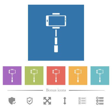 Selfie 'deki akıllı telefon kare arkaplandaki düz beyaz simgeler. 6 bonus simgesi dahil.