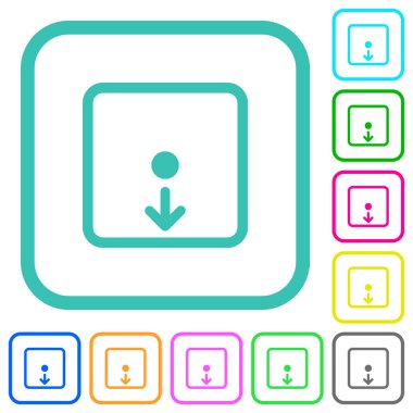 Nesneyi beyaz arkaplan üzerindeki eğri kenarlıklarda canlı renkli düz simgelerde aşağı taşı