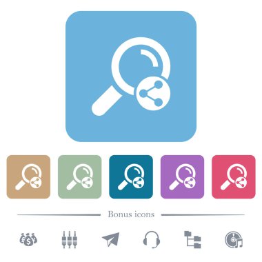 Renkli yuvarlak kare arkaplanlarda beyaz düz simgeleri paylaşın. 6 bonus simgesi dahil