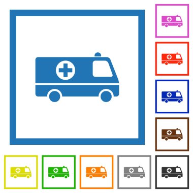 Beyaz arkaplanda kare çerçeveli düz renkli ambülans arabası yan görünümü simgeleri