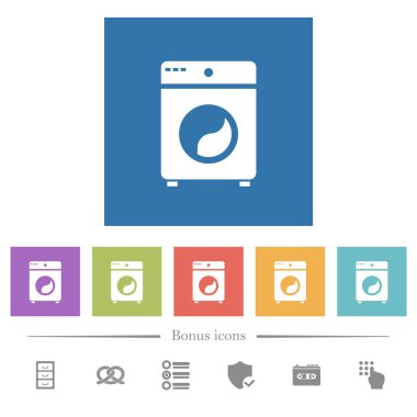 Çamaşır makinesi kare arkaplanda düz beyaz simgeler. 6 bonus simgesi dahil.