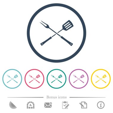 Çapraz konumda mangal çatalı ve spatula yuvarlak hatlarda düz renk simgeleri. 6 bonus simgesi dahil.