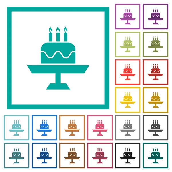 Geburtstagstorte Mit Kerzen Flache Farbsymbole Mit Quadrantenrahmen Auf Weißem Hintergrund — Stockvektor