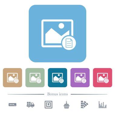 Renkli yuvarlak kare arkaplan üzerinde beyaz düz simgeler. 6 bonus simgesi dahil