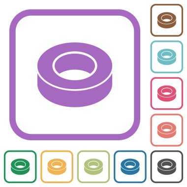 Teyp basit simgeleri beyaz arkaplanda renkli yuvarlak kare çerçeveler halinde izole ediliyor