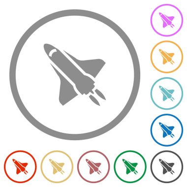 Beyaz arkaplanda yuvarlak hatlı düz renk simgelerine sahip uzay mekiği