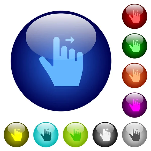 右の手は 複数の色のラウンドガラスボタン上の右ジェスチャーアイコンを移動します 配置された層構造 — ストックベクタ