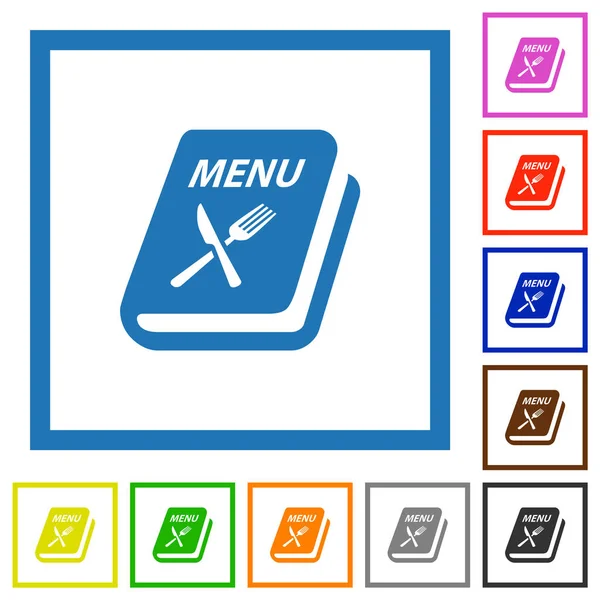 Menú Con Tenedor Cuchillo Iconos Color Plano Marcos Cuadrados Sobre — Archivo Imágenes Vectoriales