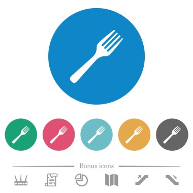 Yuvarlak renkli arka planda tek çatallı düz beyaz simgeler. 6 bonus simgesi dahil.