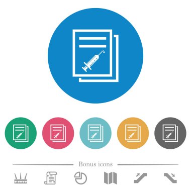 Aşı belgeleri yuvarlak renkli arka planda düz beyaz simgeler. 6 bonus simgesi dahil.