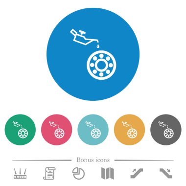 Yağ tenekesi ve yataklar yuvarlak renkli arka planlarda düz beyaz simgeler. 6 bonus simgesi dahil.