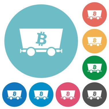 Bitcoin kripto para birimi düz beyaz simgeleri yuvarlak renk arka planlarında madencilik