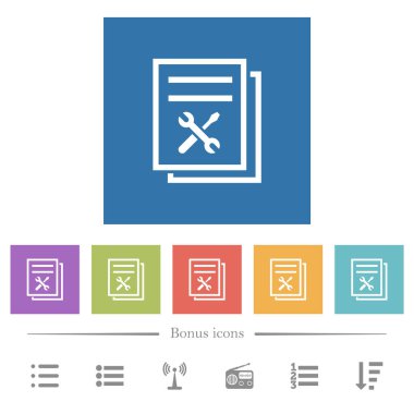 İngiliz anahtarı ve tornavidalı kullanıcı rehberi kare arkaplanda düz beyaz simgeler. 6 bonus simgesi dahil.