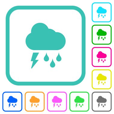 Fırtınalı hava koşulları beyaz arkaplanda eğimli sınırlarda canlı renkli düz simgeler