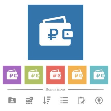 Ruble cüzdan düz beyaz simgeler kare arkaplan. 6 bonus simgesi dahil.