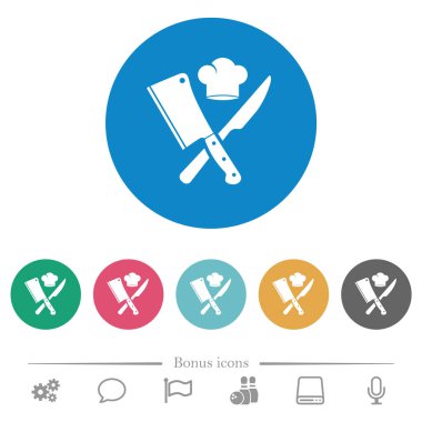 Çapraz et satırı ve bıçakla aşçı şapkası düz beyaz simgeler ve yuvarlak renkli arka planlar. 6 bonus simgesi dahil.