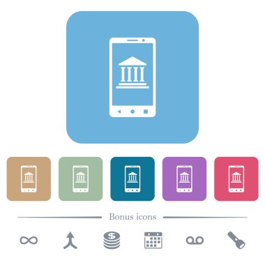 Mobil bankacılık beyaz düz simgeler renkli yuvarlak kare arka planlar. 6 bonus simgesi dahil