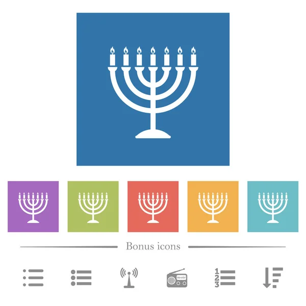 Menorah Burning Candles Flat White Icons Square Backgrounds Bonus Icons — Stock Vector