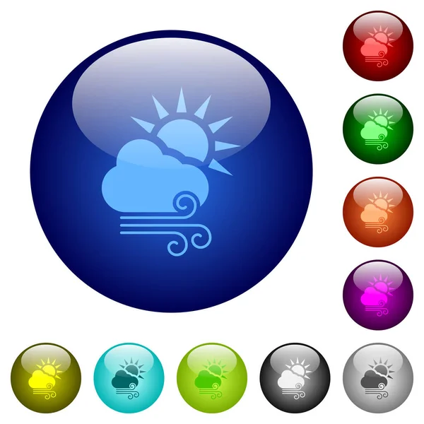 Yuvarlak Cam Düğmelerde Çeşitli Renklerde Güneşli Rüzgarlı Hava Ikonları Düzenlenmiş — Stok Vektör