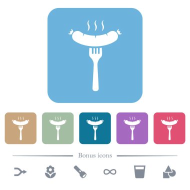 Izgara sosis üzerine ızgara beyaz yassı simgeler renkli yuvarlak kare arka planlar. 6 bonus simgesi dahil