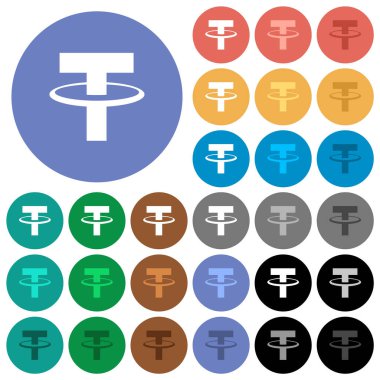 Yuvarlak arkaplanlarda çok renkli dijital kripto para birimi simgelerini bağlayın. Uçma ve aktif durum efektleri için beyaz, açık ve koyu simge varyasyonları ve bonus gölgeler.