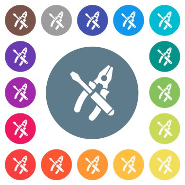 Yuvarlak renkli arka planda birleştirilmiş pense ve tornavida düz beyaz simgeler. 17 arkaplan renk varyasyonu dahil.