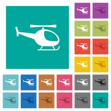 Helicopter silueti düz kare arkaplan üzerinde çok renkli düz simgeler. Uçan veya etkin efektler için beyaz ve koyu simge varyasyonları.