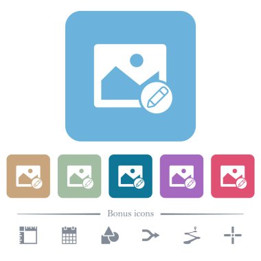 Renkli yuvarlak kare arkaplan üzerine resim beyaz düz simgeleri düzenle. 6 bonus simgesi dahil