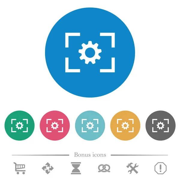 丸い色の背景に平らな白いアイコンを設定するカメラ ボーナスアイコン6種 — ストックベクタ