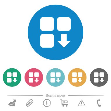 Yuvarlak renkli arkaplanlarda düz beyaz simgeleri aşağı taşı. 6 bonus simgesi dahil.