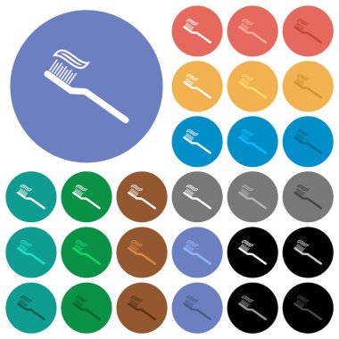 Diş fırçası ve yuvarlak arka planda çok renkli düz ikonlar. Uçma ve aktif durum efektleri için beyaz, açık ve koyu simge varyasyonları ve bonus gölgeler.