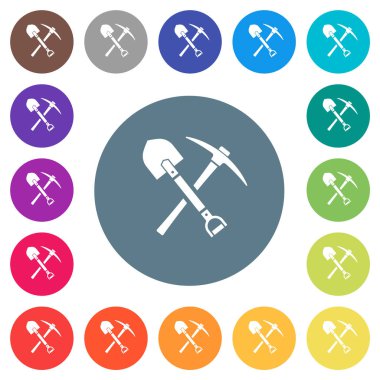 Yuvarlak renkli arka planda kürek ve kazma düz beyaz simgeler. 17 arkaplan renk varyasyonu dahil.