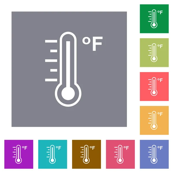 浅色正方形背景下的华氏温度计温暖温度扁平图标 — 图库矢量图片