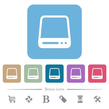 Sabit disk, beyaz düz simgeleri renkli yuvarlak kare arkaplan üzerine sürükler. 6 bonus simgesi dahil